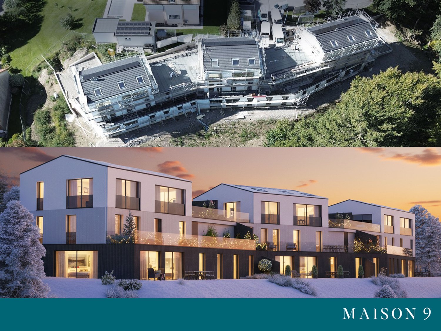 House: 3 story house, white exterior, glass windows, balconies, solar panels, snow, outdoor furniture, trees