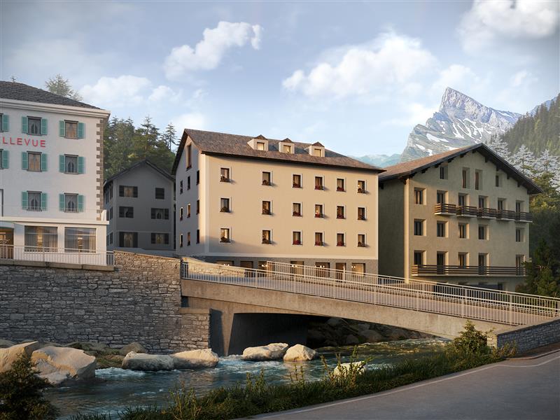 Mountain view, bridge over the river, several buildings, stone wall, rocks, lush greenery
