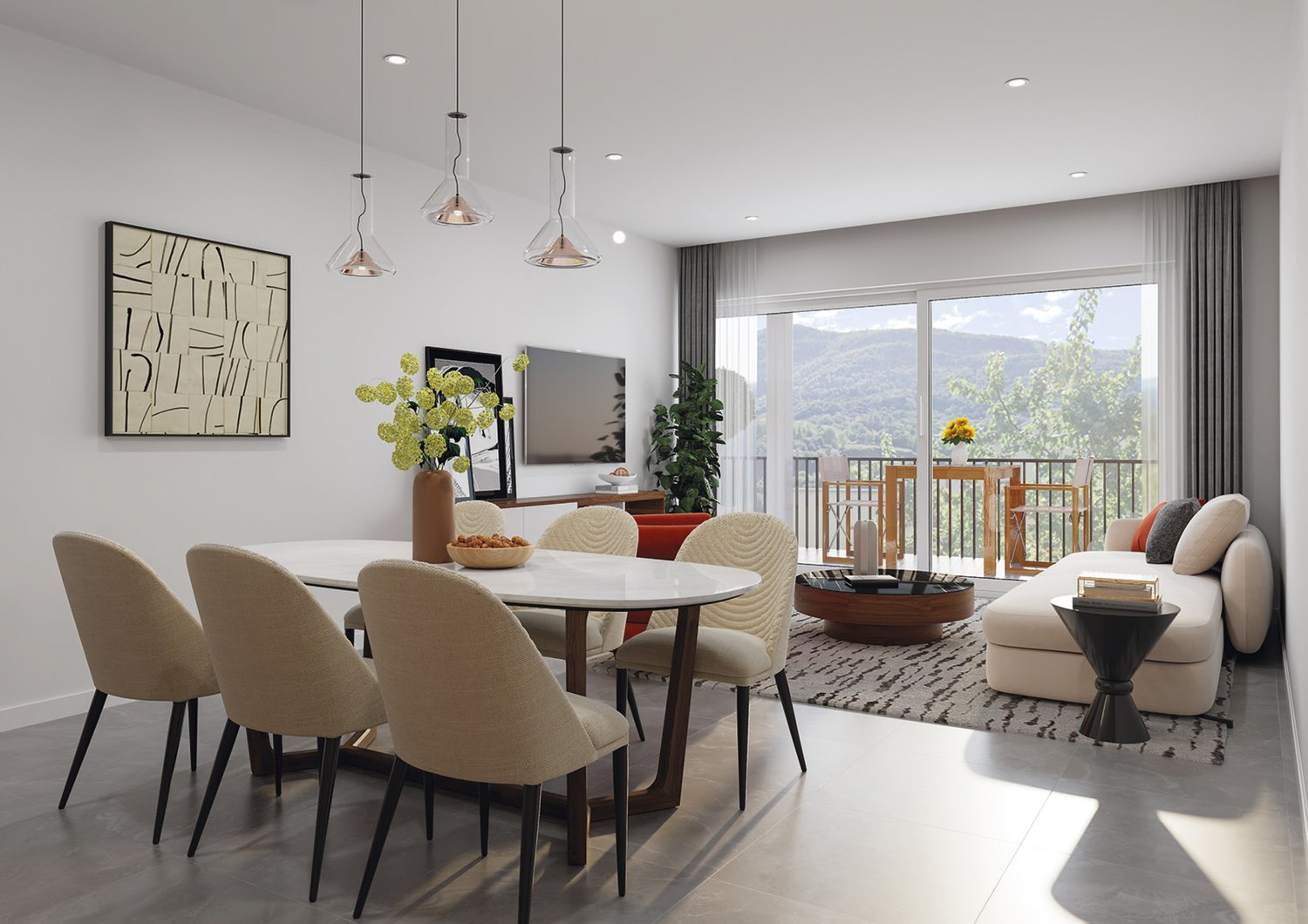 Modern dining table with chairs, sofa, coffee table, large glass door to balcony, flat screen TV, paintings, rug, plant, mountain view
