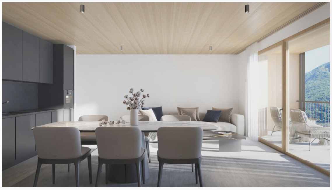 white walls, wooden ceiling, dining table with chairs, couch, outdoor balcony with chairs, plants, open sliding doors, and view of mountain