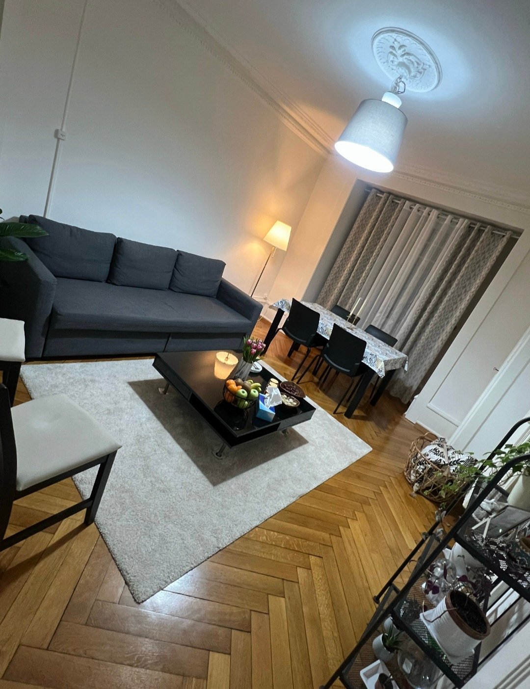 Living room with gray sofa, wooden coffee table, white rug, floor lamp, and dining table with chairs; hardwood floor, ceiling light