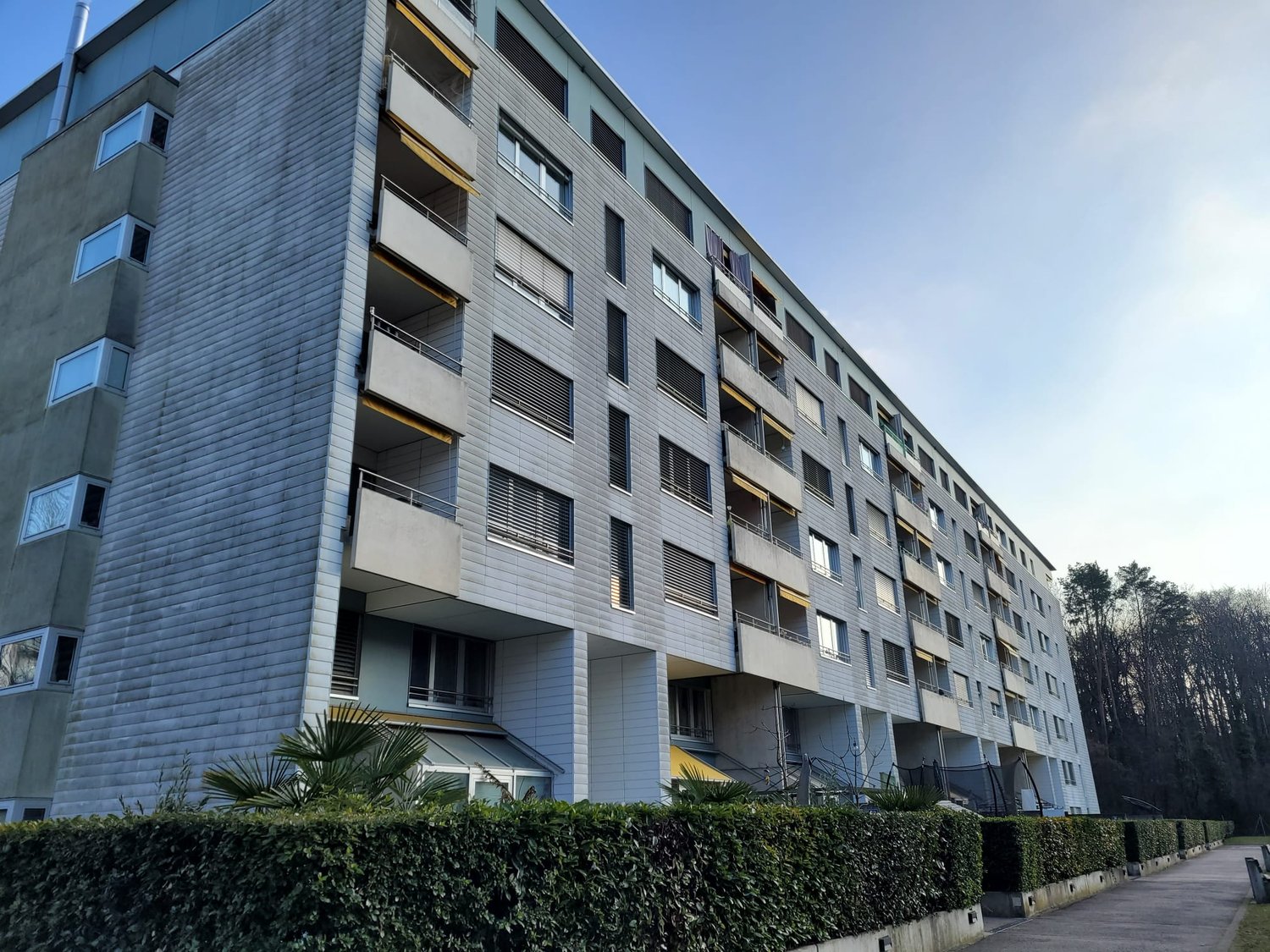 Multi-story building, multiple balconies, modern design, outdoor plantings, paved walkway