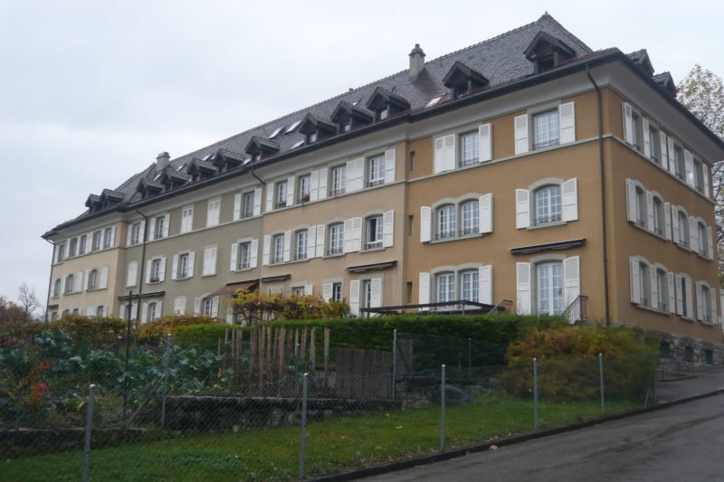 Large building with multiple windows, garden in front, fence