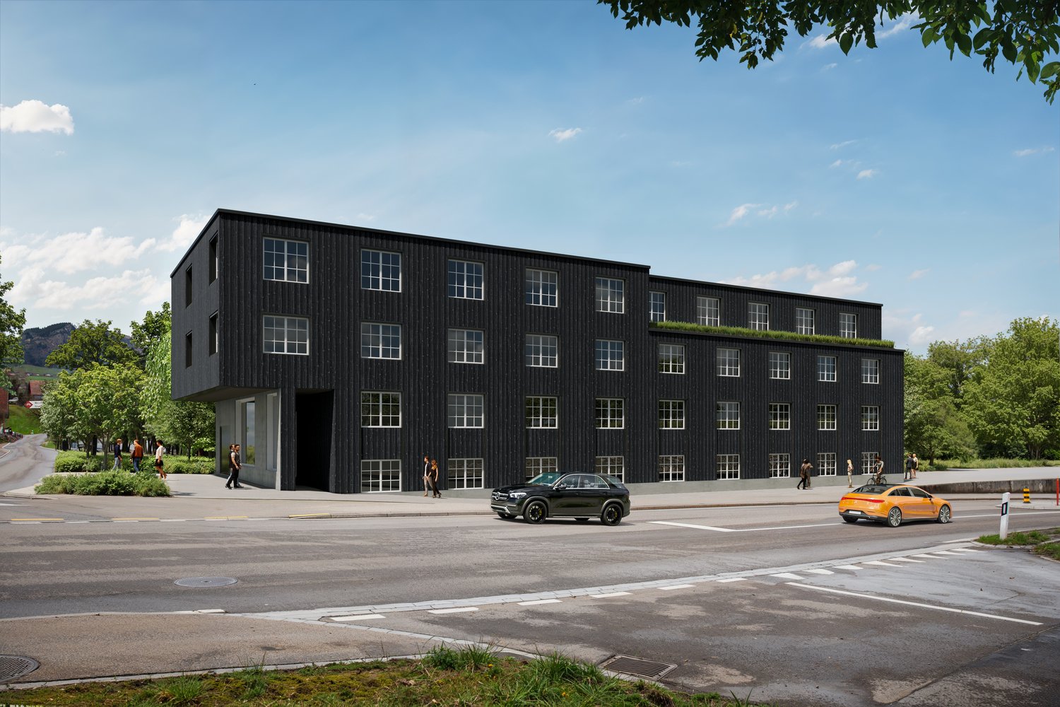 Modern architectural design, three-story residential building, large windows, entrance with awning, rooftop terrace