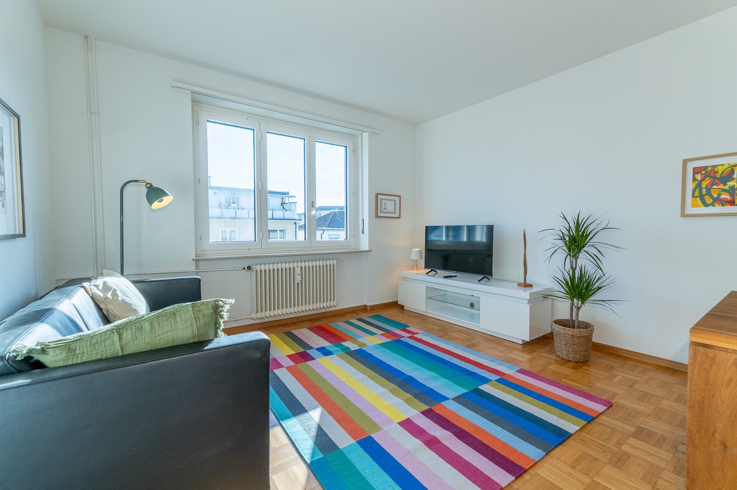 large window, white sofa, white TV unit, floor lamp, carpet, TV, plant