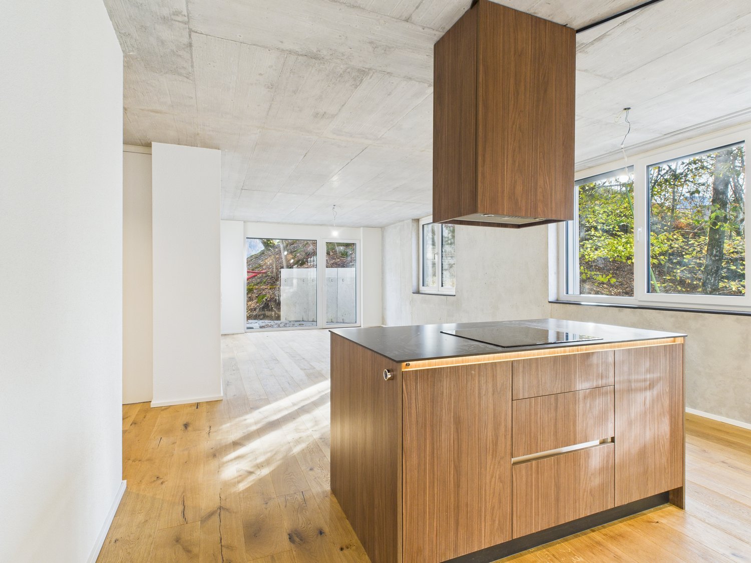open kitchen, central island, wooden flooring, large windows, minimalist