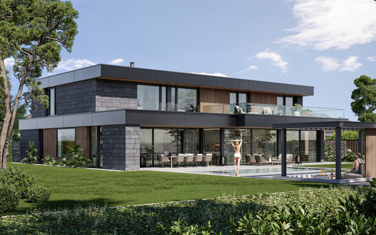 Two-story modern house with a flat roof, large glass windows, and a mix of dark gray and wood exterior materials. The house has a swimming pool and a balcony or terrace on the upper level.