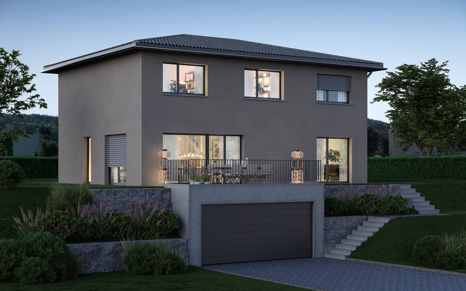 2 story modern house, elevated driveway, raised ground floor, balcony, garage