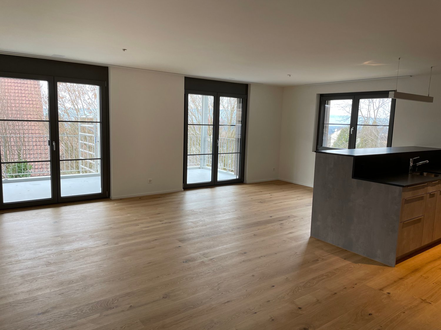 empty room, hardwood floors, sliding glass doors, balcony, kitchen area, mountain view