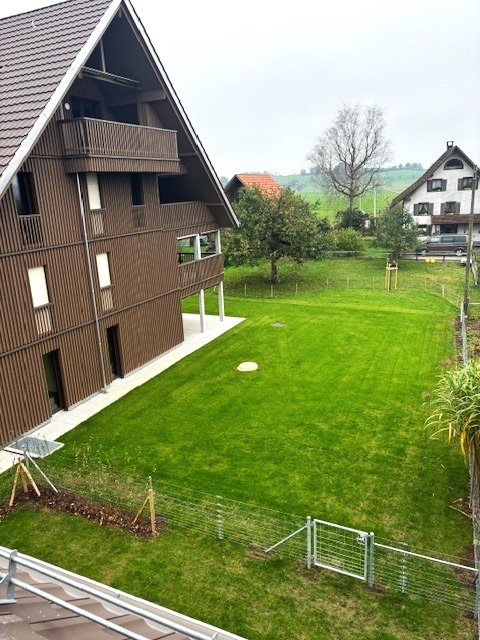 brown wooden house, balcony, fenced yard, green grass, trees, another house in the background