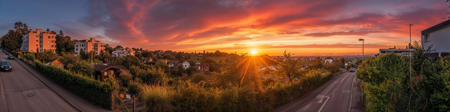 Panoramic view of a city with houses at sunset with a clear sky