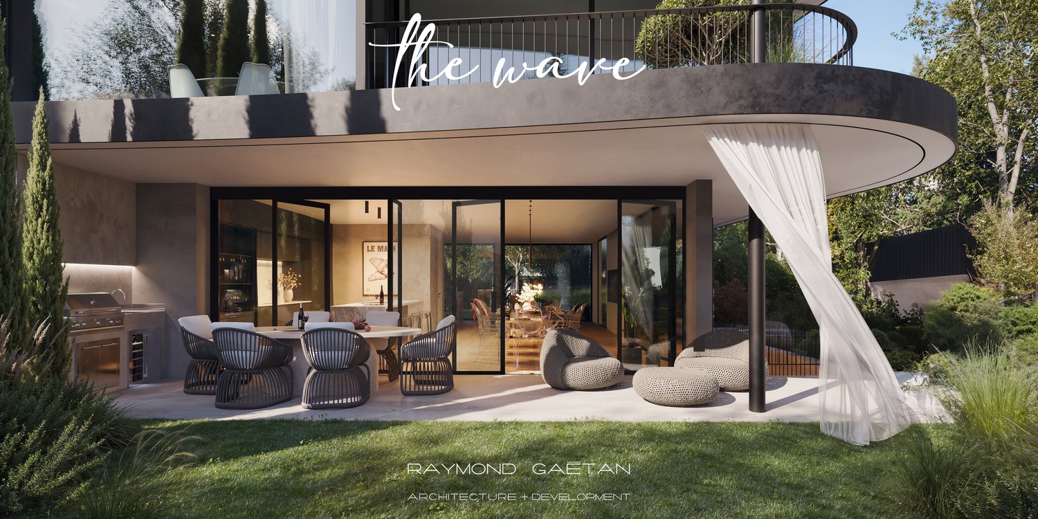 modern house, gray exterior, large windows, outdoor dining area, seating area, garden view