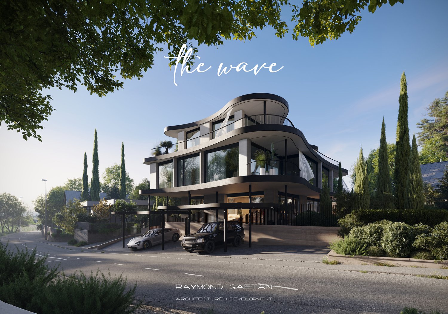 modern architecture, 3 stories, 2 cars in garage, balcony, scenic view