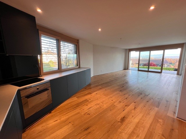 Kitchen, hardwood floors, dark cabinets, large windows, balcony, view to the outside