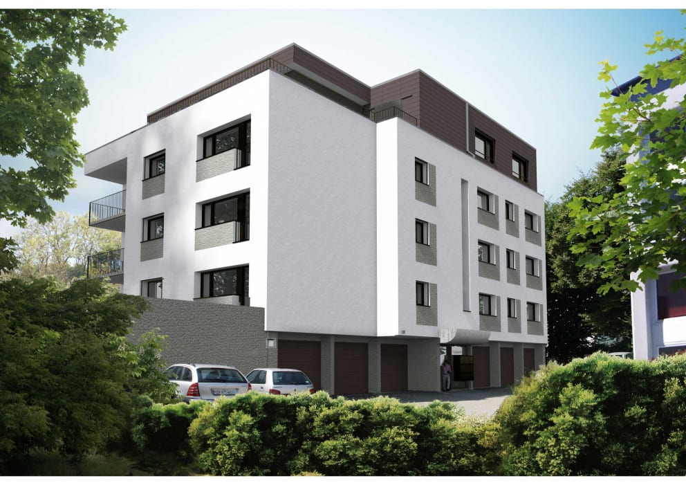 Apartment building with 5 floors, white exterior, balcony on the right, garages at the bottom