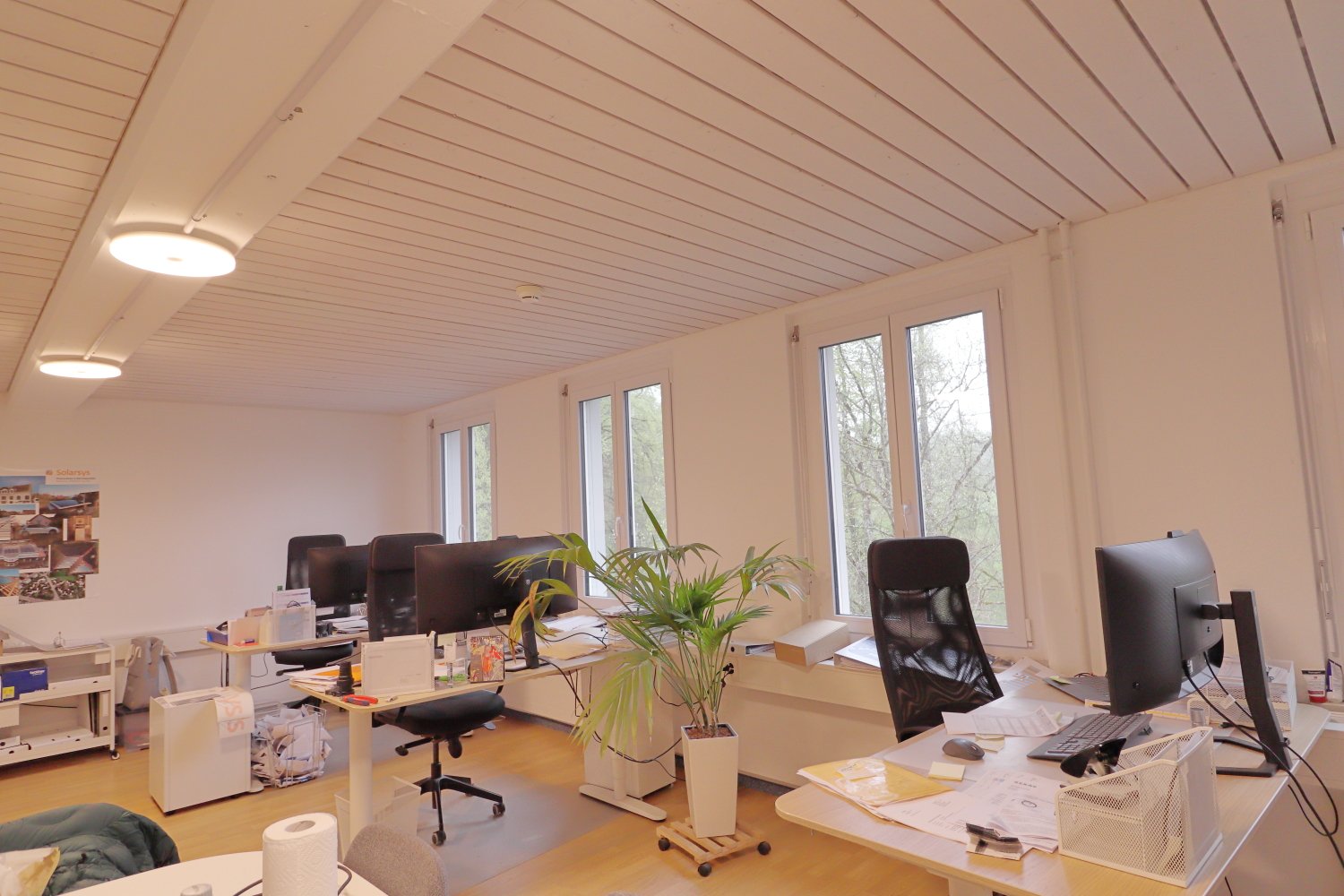 An office with desks, chairs, monitors, a potted plant, and a shelf with books and other items.