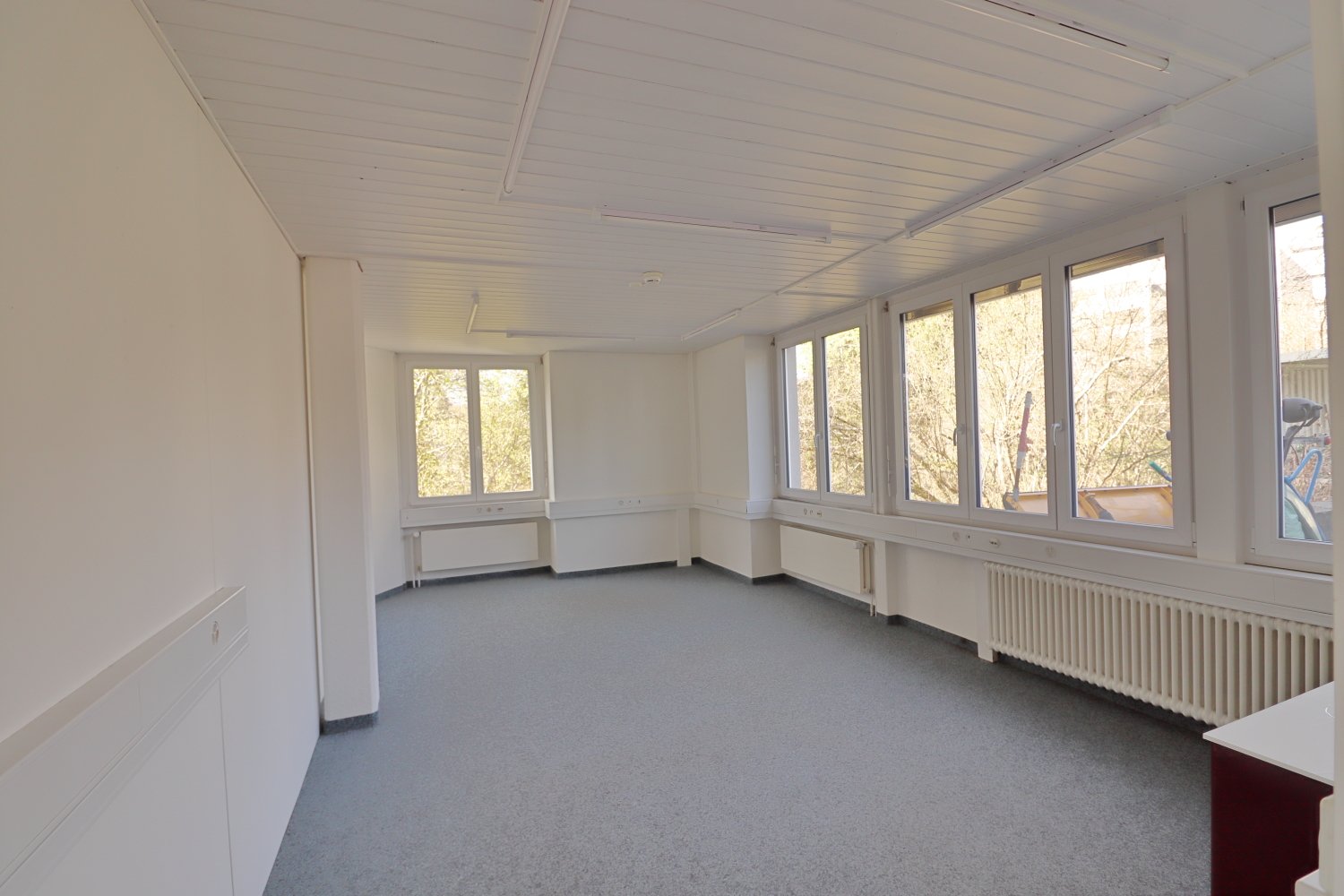 empty room, white walls, gray floor, large windows, white radiators
