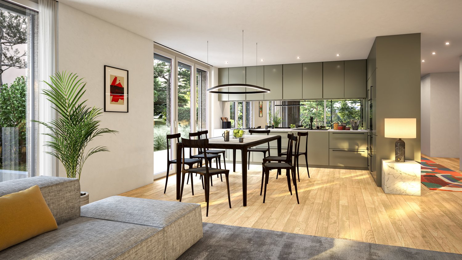 The image shows an open concept living room and kitchen area with large windows overlooking a balcony or terrace. The living room has a gray sofa and a colorful abstract artwork on the wall. The kitchen features modern gray cabinets, a dining table with d