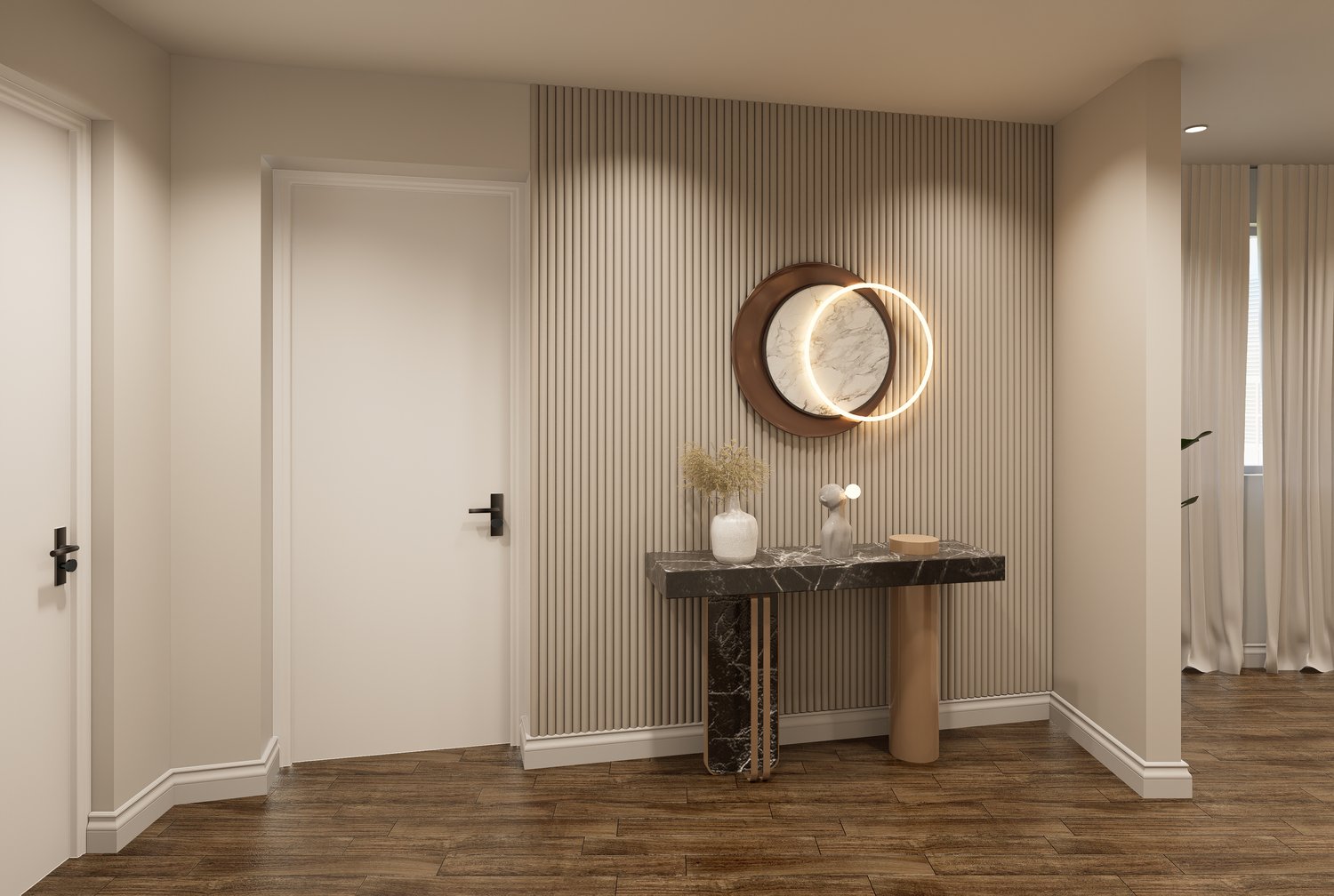 Entrance hall with wooden floor, white door, decorative table, round mirror, and decorative items