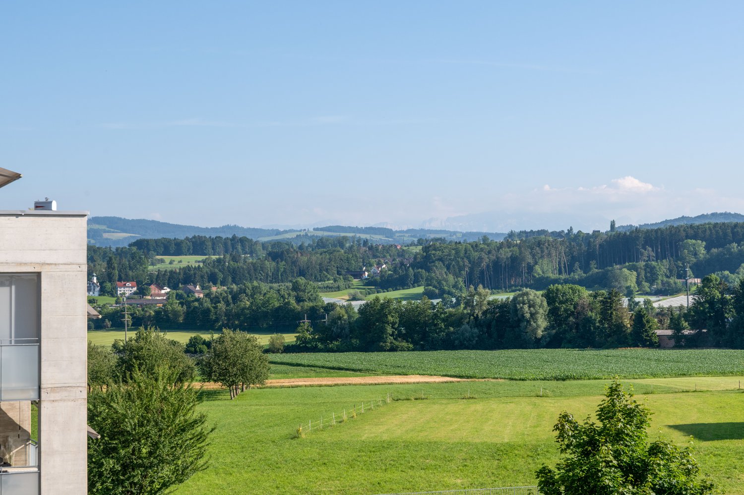 Building exterior, lush greenery, hills, farmland, houses, tree-lined forest