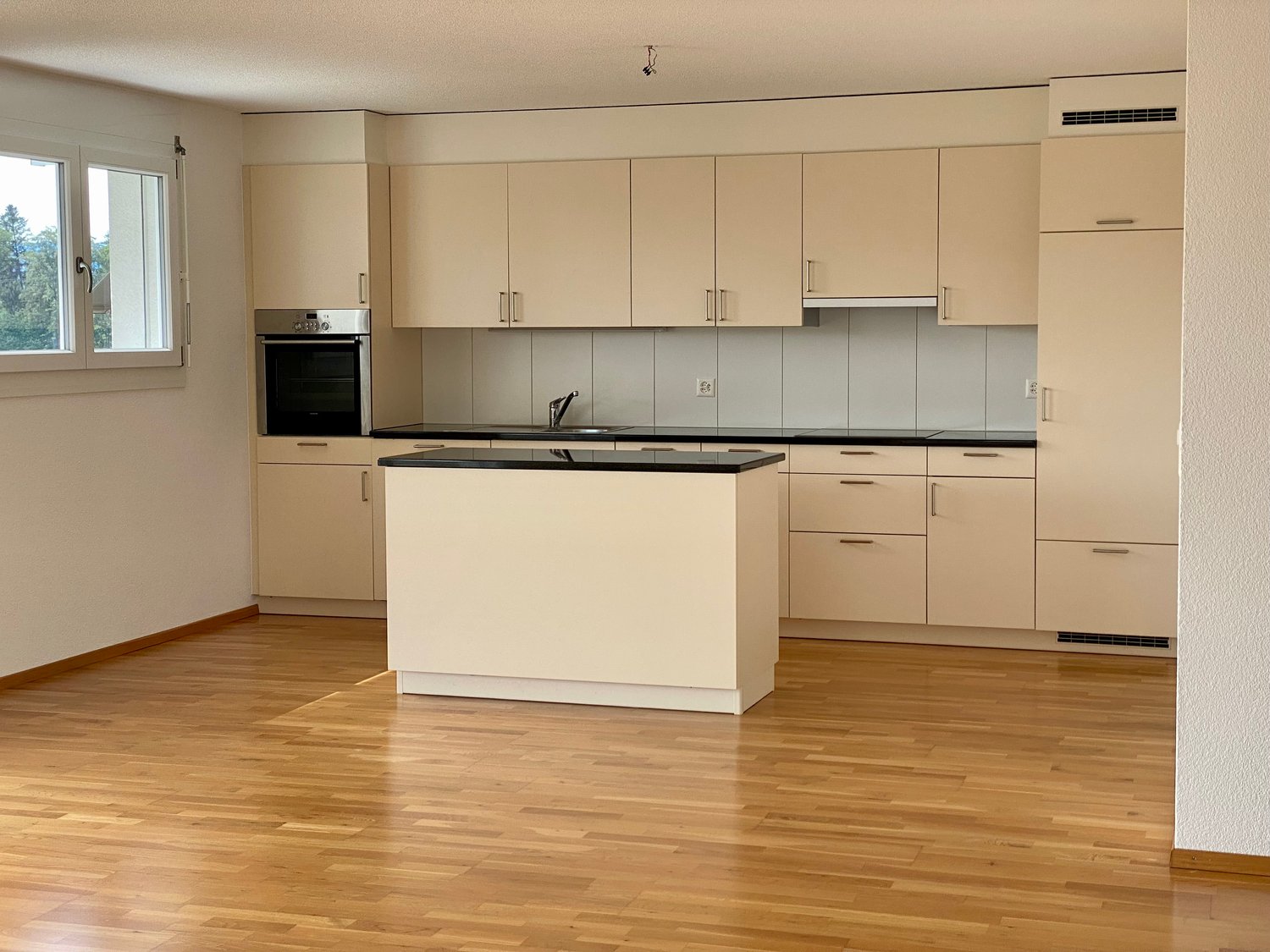 modern kitchen, neutral color palette, island countertop, oven, refrigerator, wooden floor, large window