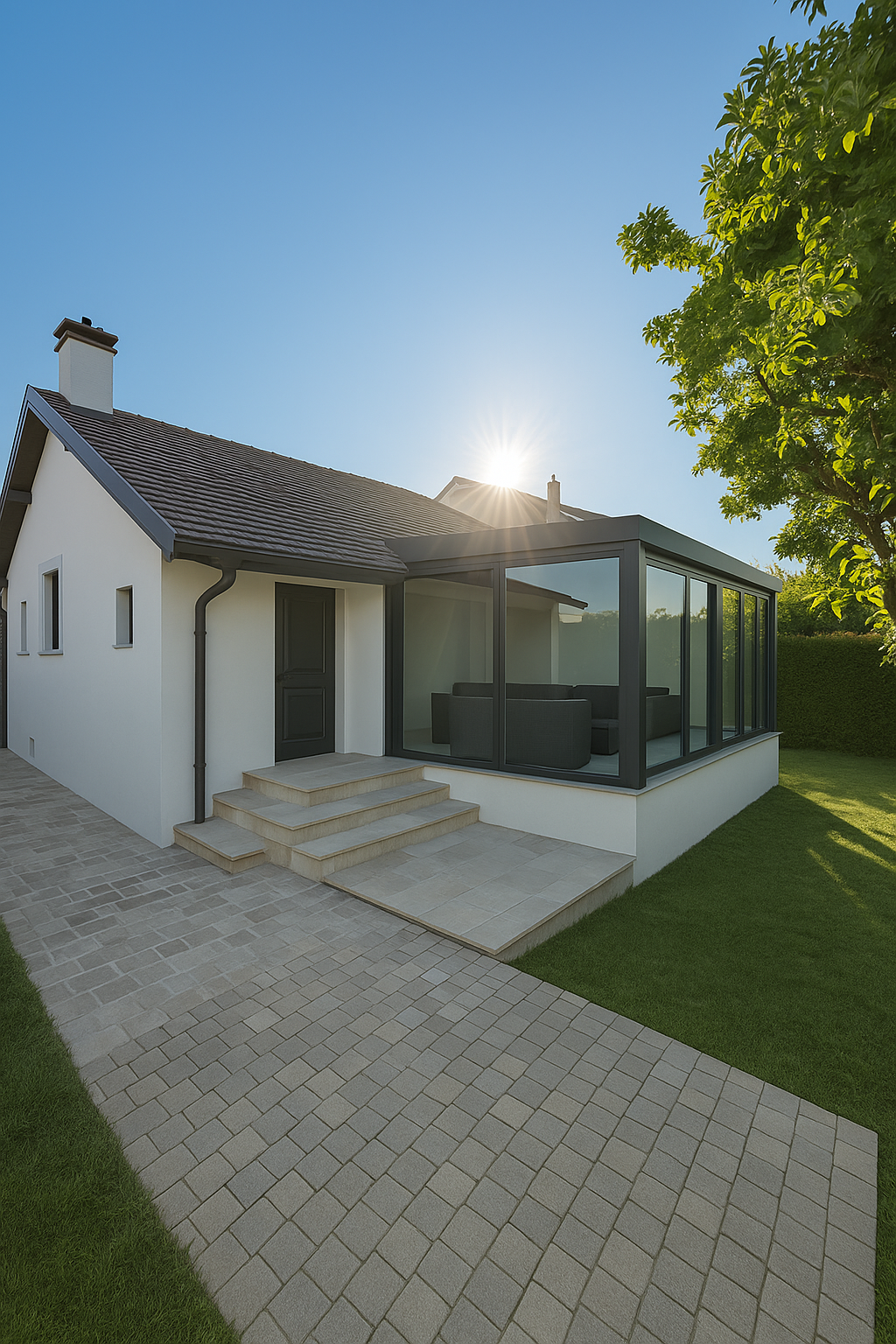 Single-story white house with a tiled roof, large glass windows, and a covered patio area. The house has a paved driveway and a garage, and is surrounded by a well-manicured lawn and lush greenery.