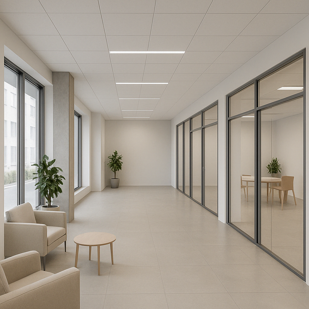 The image shows a modern, minimalist office space with a long hallway. The hallway has large windows along one side, providing natural light. The walls are painted in a neutral, light color, and the ceiling is covered with a grid of recessed lighting pane