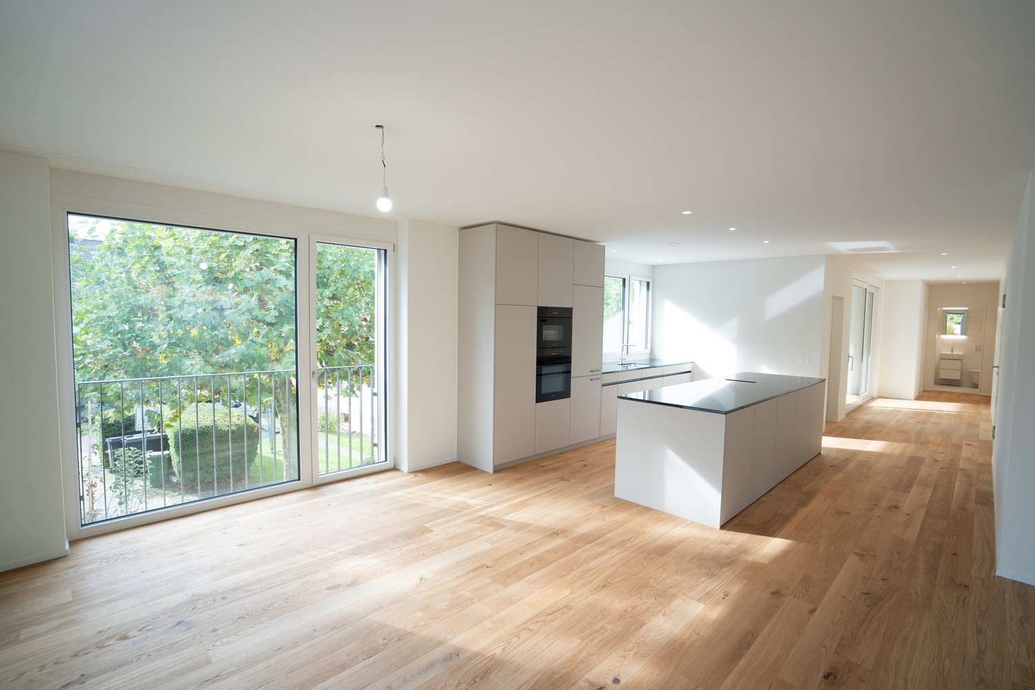 modern open kitchen, large windows, balcony with metal railing, island, oven, extractor hood, wooden floor