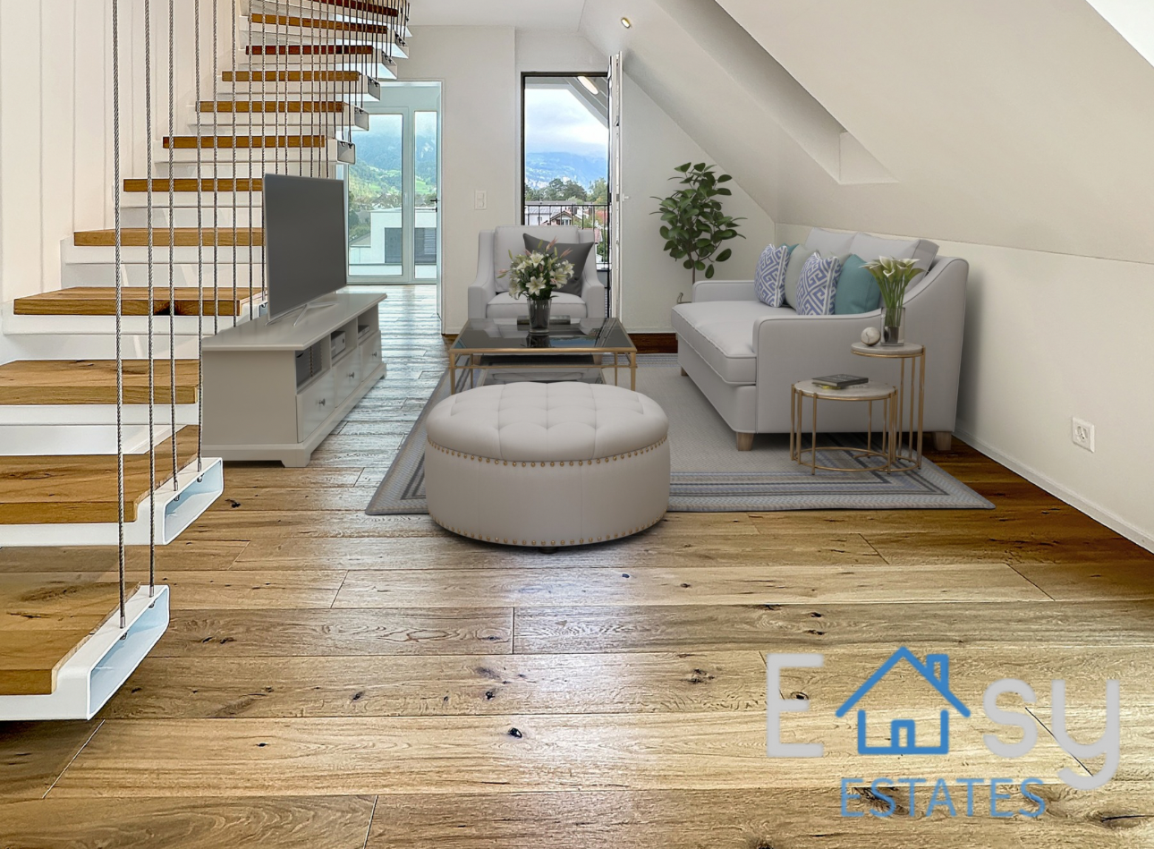 living room with white furniture, large windows, stairs, wooden floor