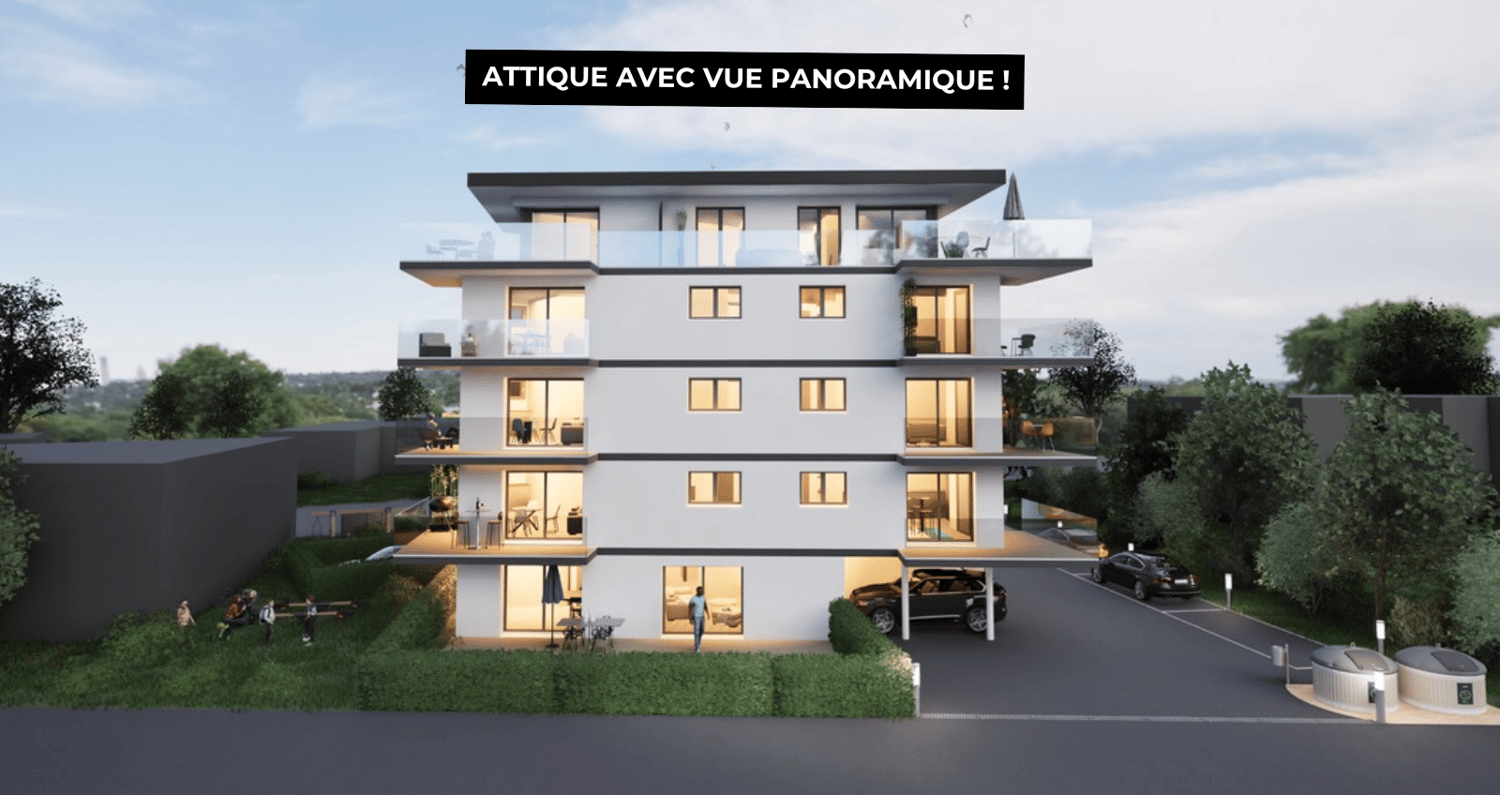 Modern building with three floors, balconies on every floor, underground garage, parking, people in the driveway