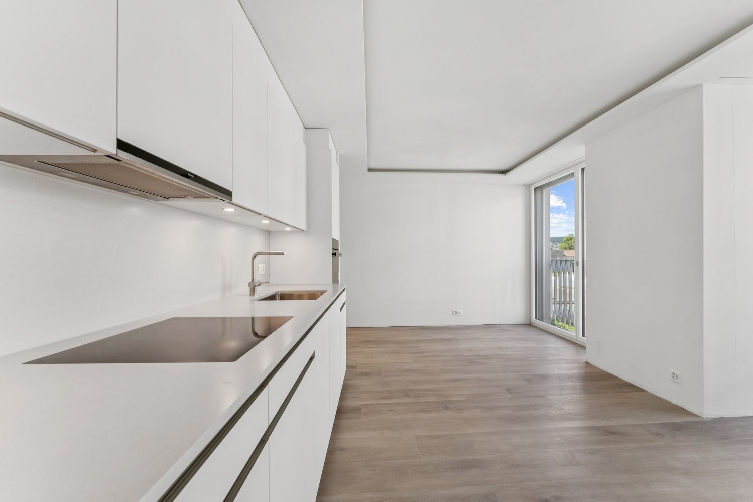 modern kitchen, stainless steel sink, wooden floors, white cabinets, sliding door to balcony