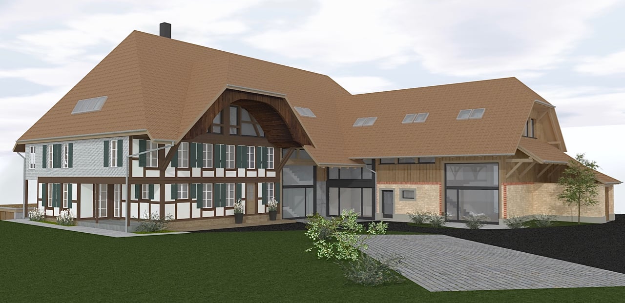 Two story house with a brown roof and green shutters, raised ground floor, panoramic view