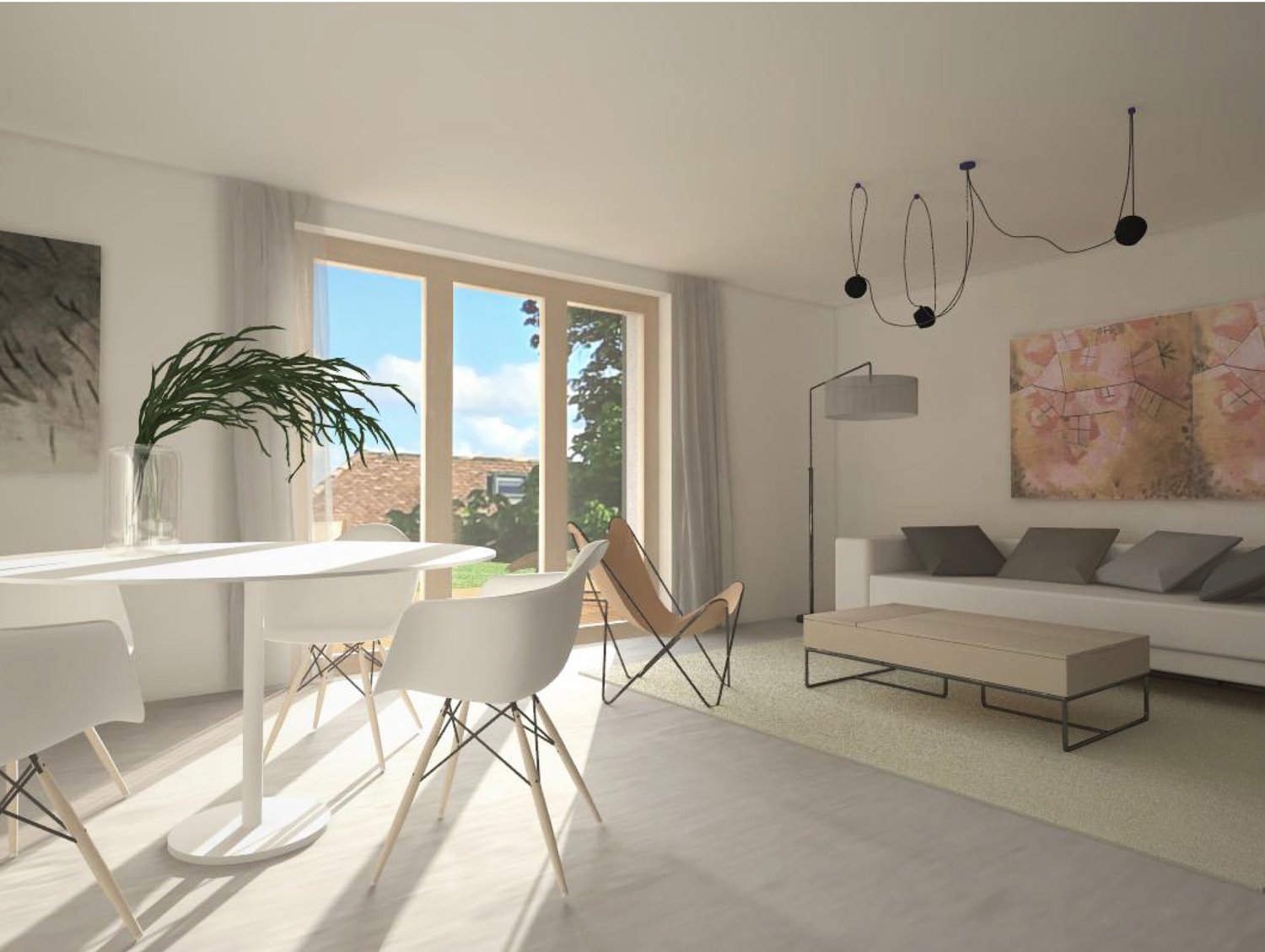 Spacious living room with large windows, modern furniture including a dining table and chairs, a sofa, and a coffee table. The room has a minimalist and contemporary design with white walls and floors. There is a balcony or terrace visible through the win