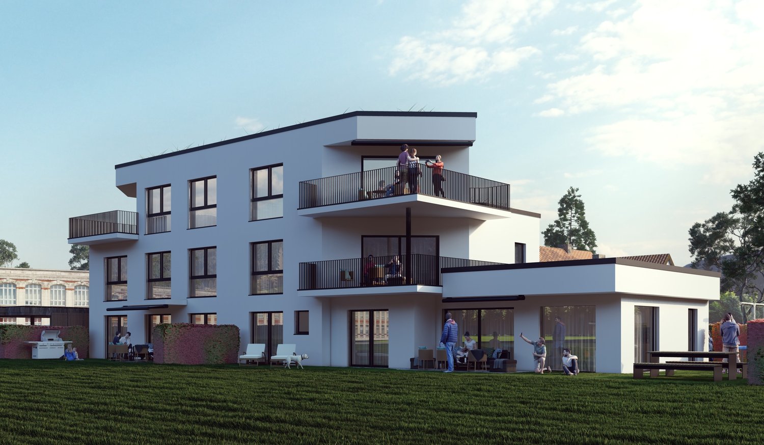Modern 3 story house, white exterior, multiple balconies, elevated ground floor, large lawn, distant building