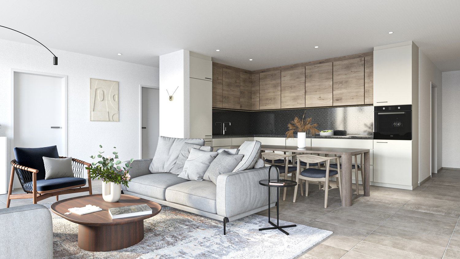 open plan living and dining area, grey couch, coffee table, armchair, dining table, modern kitchen, modern built-in units