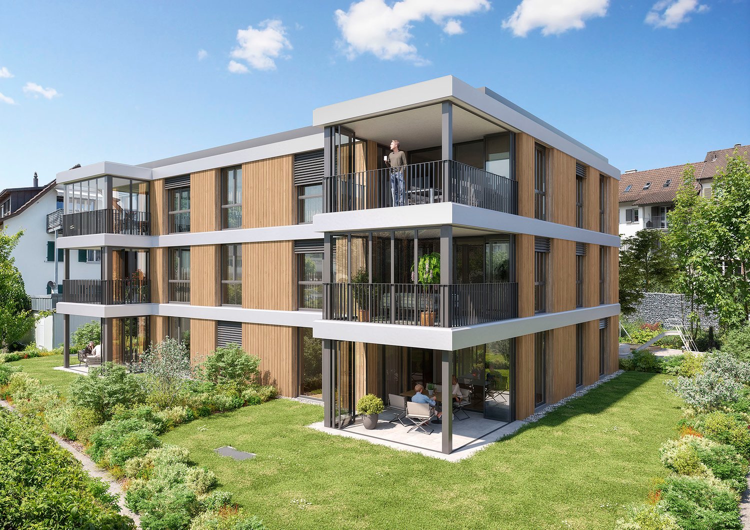 3-story modern apartment building with a mix of wood and glass exterior, balconies on each floor, and a landscaped garden area in the front.