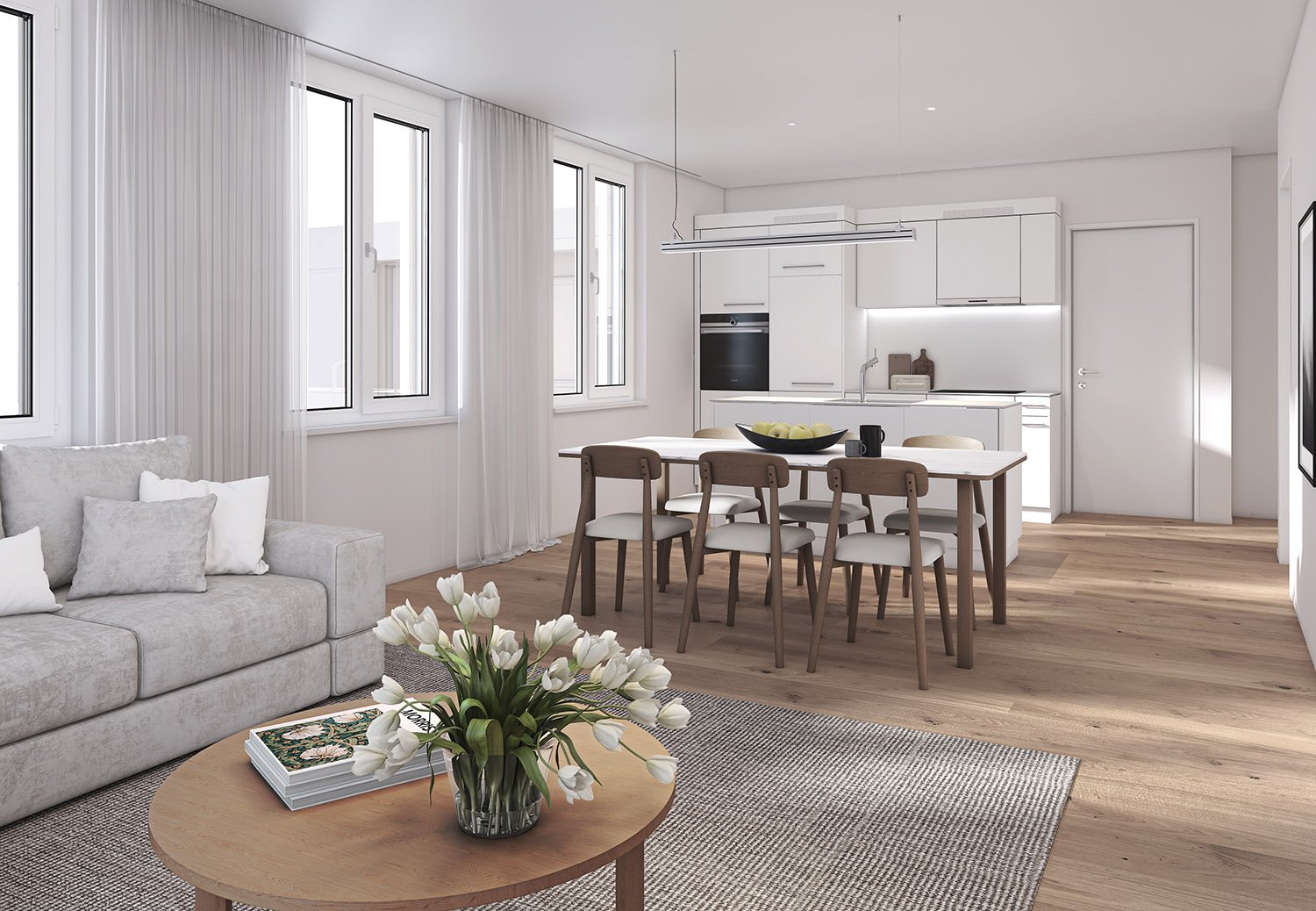 Open-concept living room and kitchen with large windows, grey sofa, wooden dining table and chairs, modern kitchen with white cabinets and appliances, hardwood floors