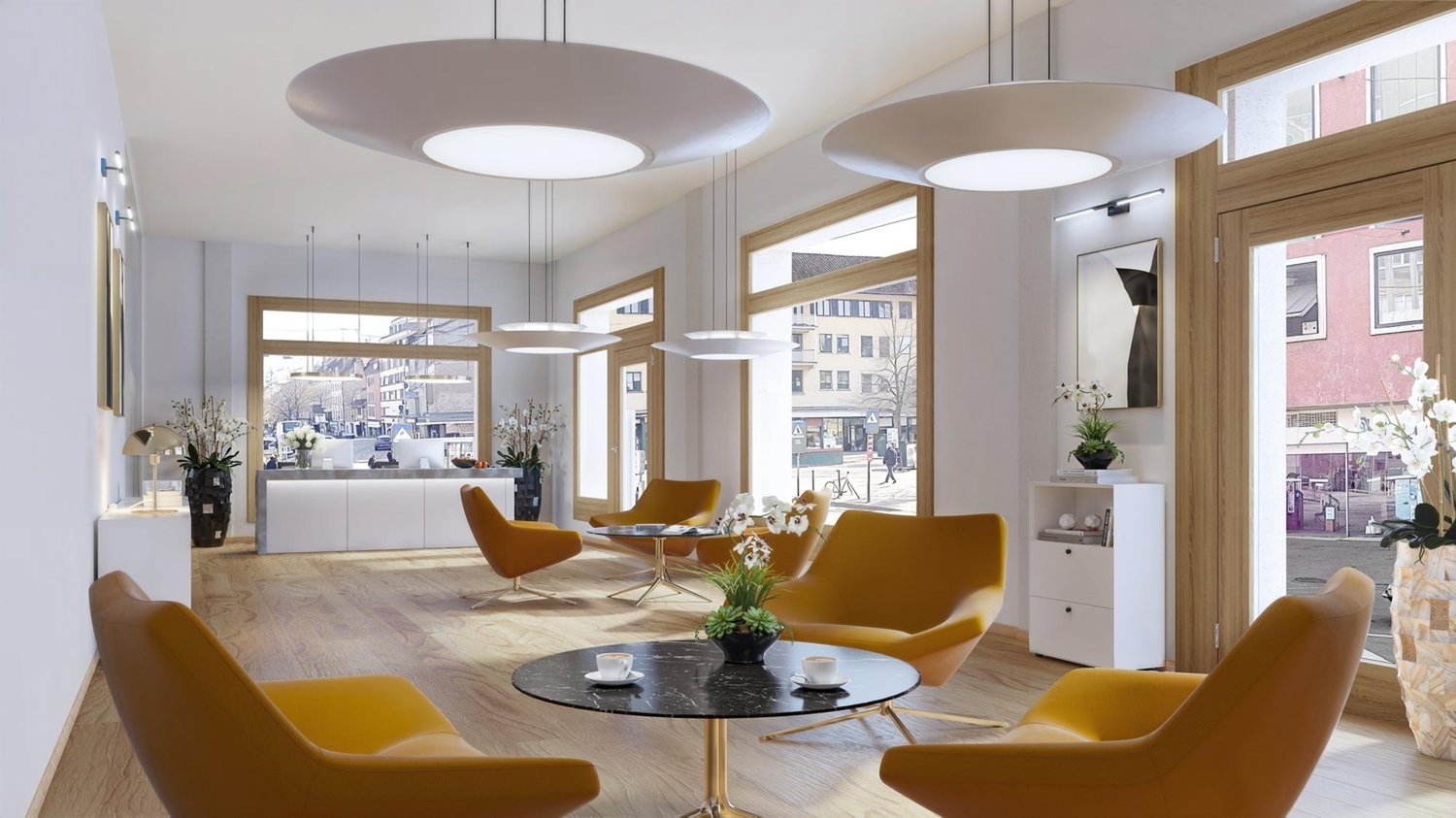 modern design, large windows, wooden floors, yellow chairs, round table, plants, lamp, minimalistic style