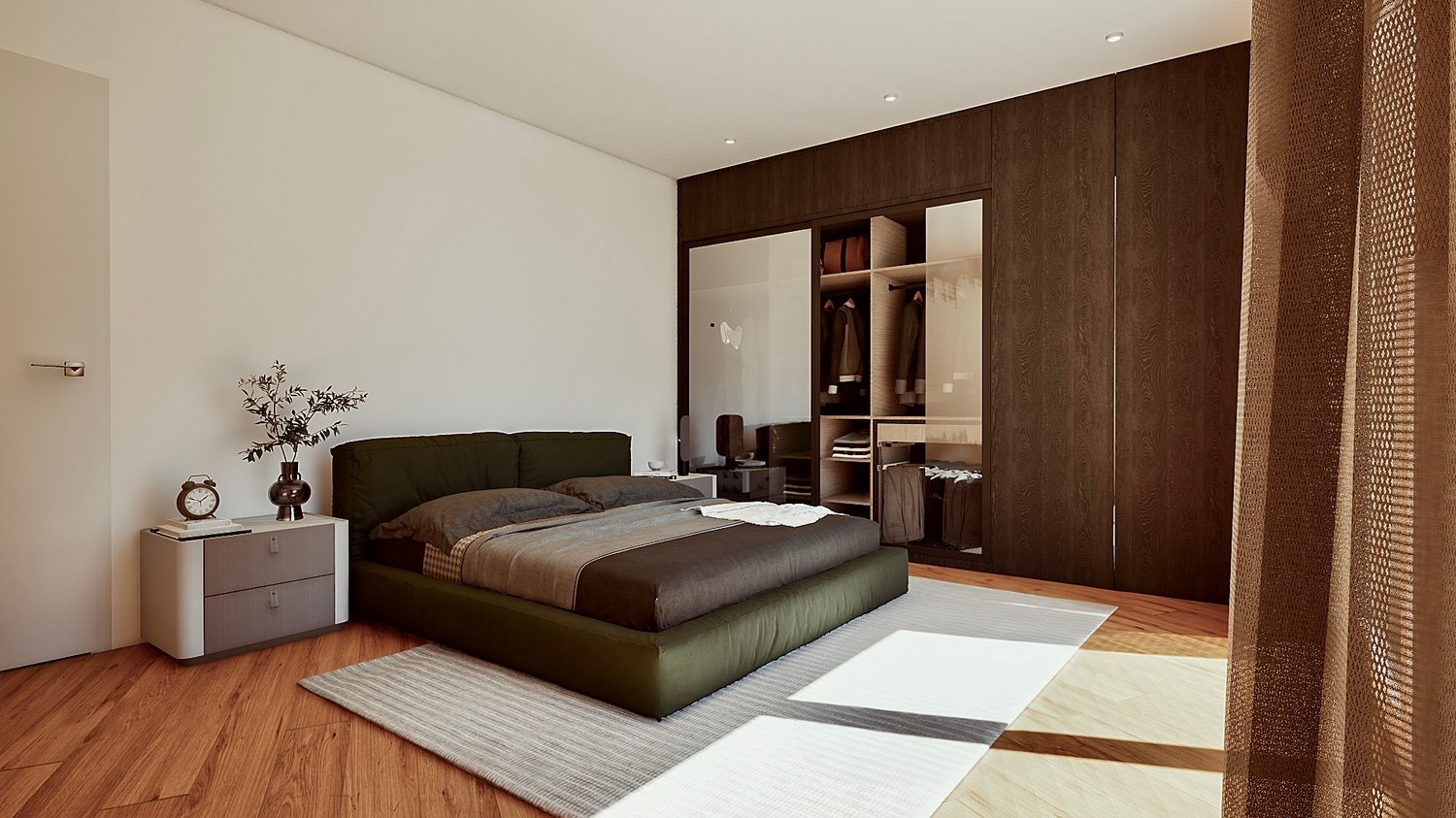 Spacious bedroom with a large bed, dark wood furniture, and built-in wardrobe. The room has hardwood floors and neutral-colored walls, creating a cozy and modern atmosphere.