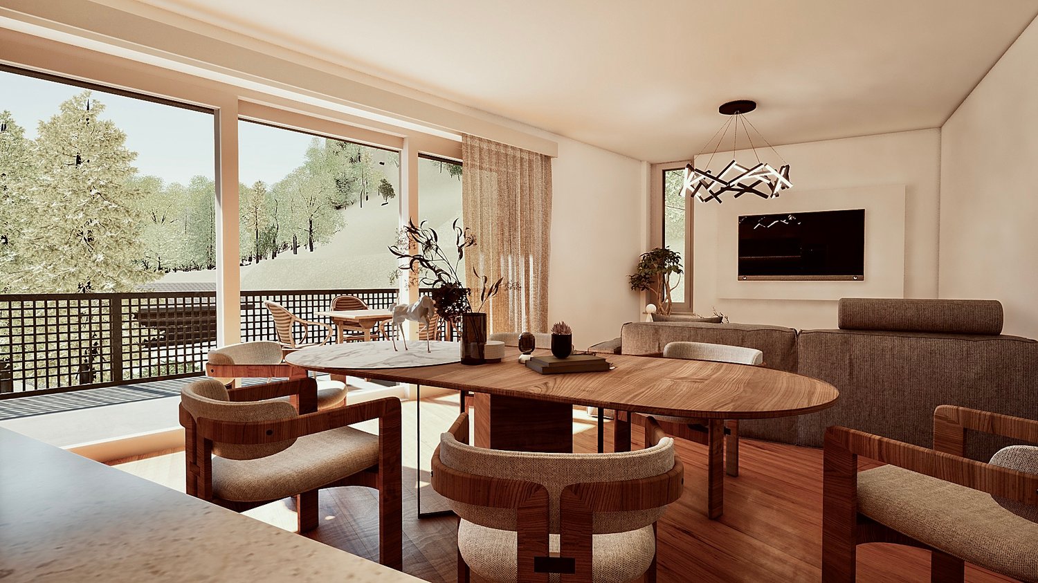 Spacious living room with large windows overlooking a balcony and outdoor greenery. The room features a wooden dining table with circular seating, a comfortable sofa, and a modern chandelier lighting fixture. The overall decor has a warm, natural aestheti