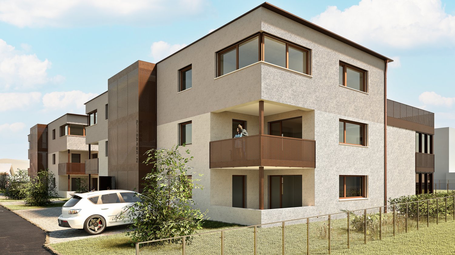 3-story apartment building with modern, minimalist design. Exterior features include large windows, balconies, and a parking space in front of the building.