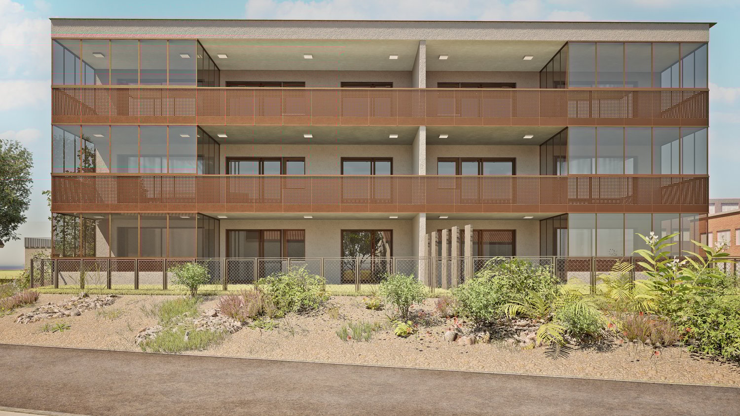 Multi-story residential building, multiple balconies, brown metal railings, large windows
