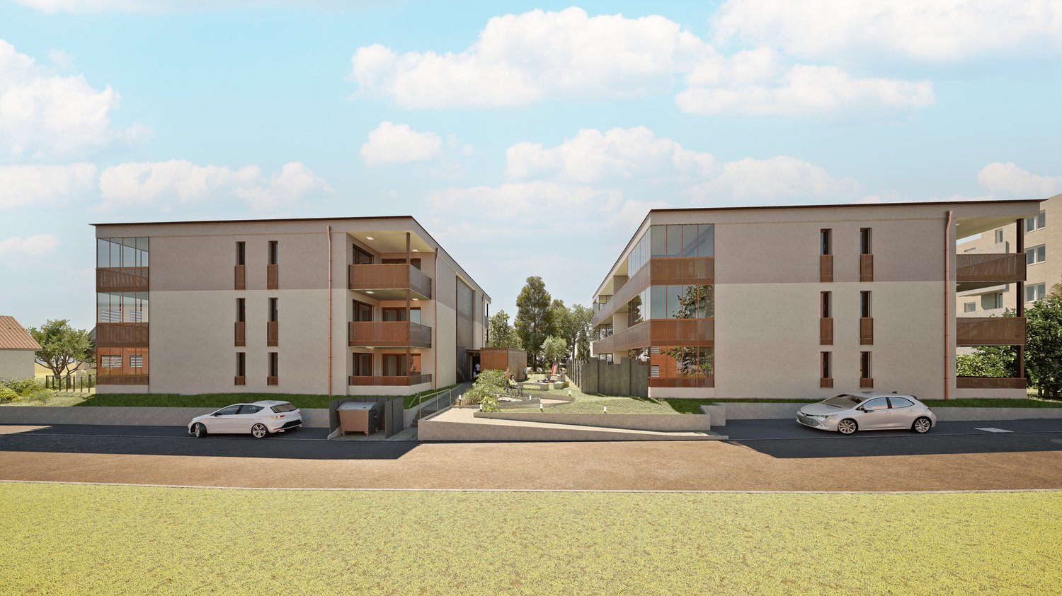 2 apartment buildings, balconies, parking spots, greenery, car-free zone