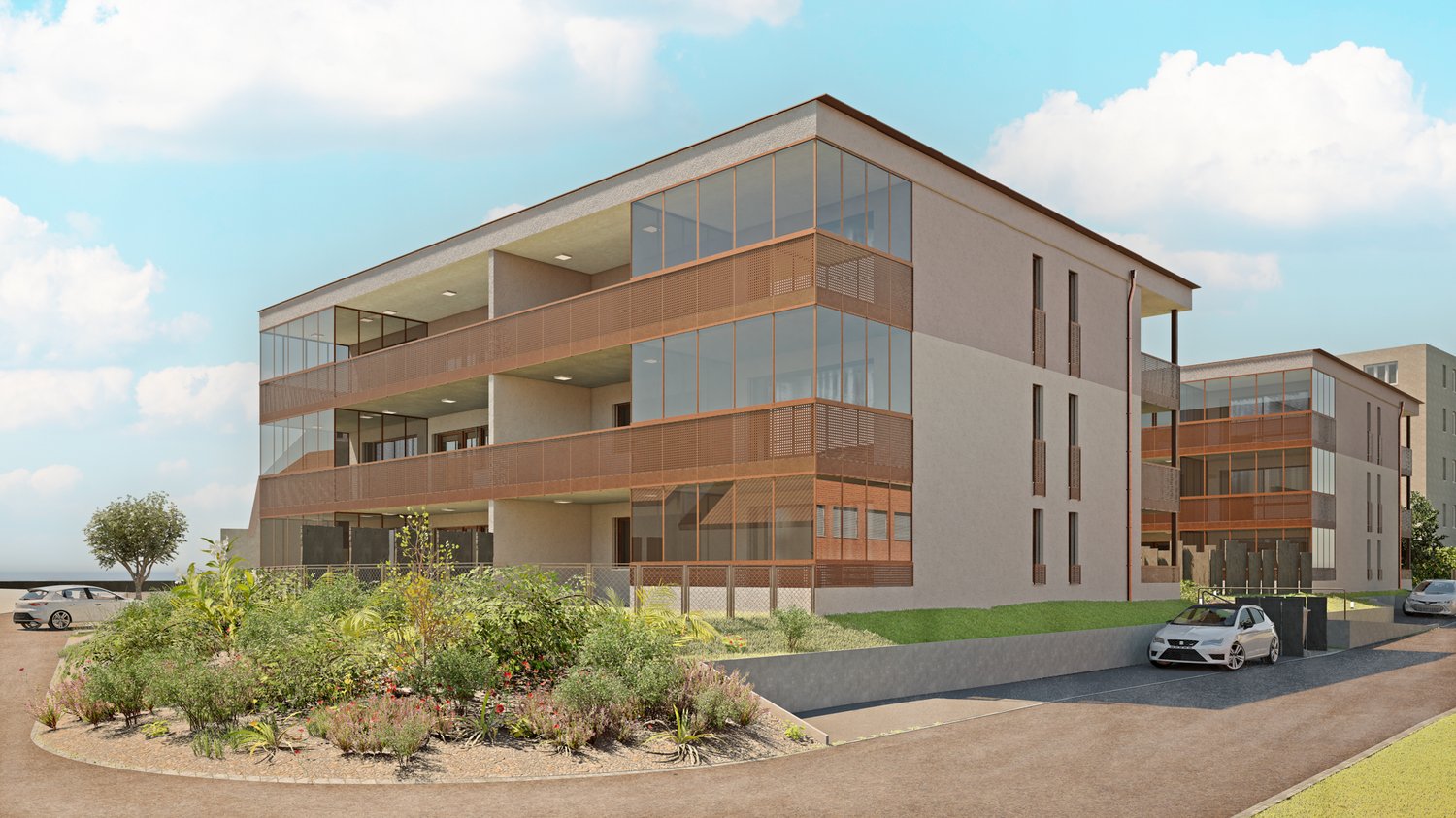 modern building, glass walls, balconies, raised ground floor, parking, garden