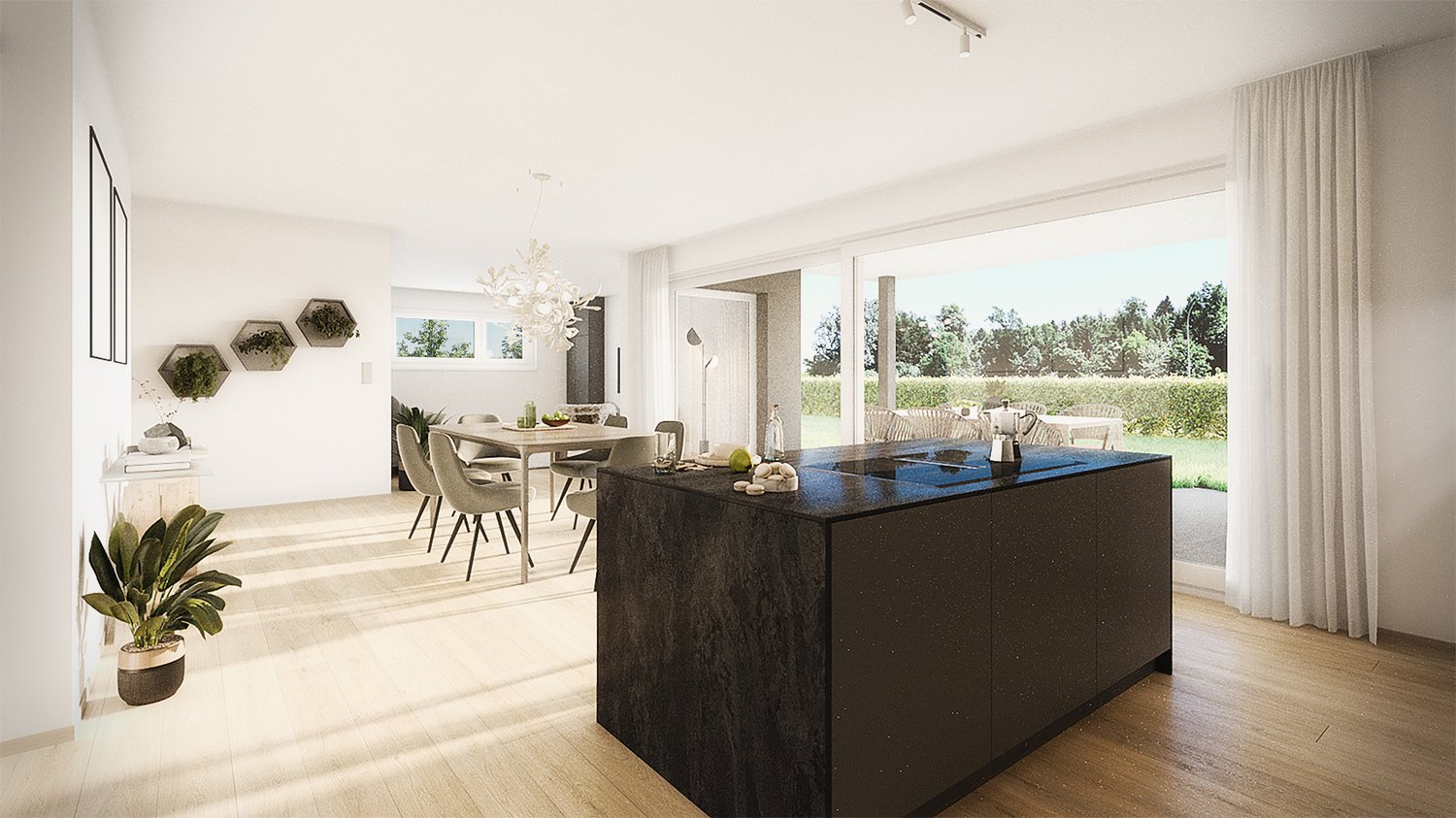 Dining area with an open kitchen, modern decoration, table and chairs, island with an integrated stove and sink