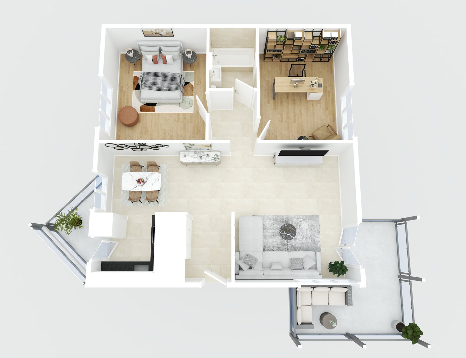 main room, kitchen, dining area, 2 bedrooms, balcony, terrace, bathroom, living room