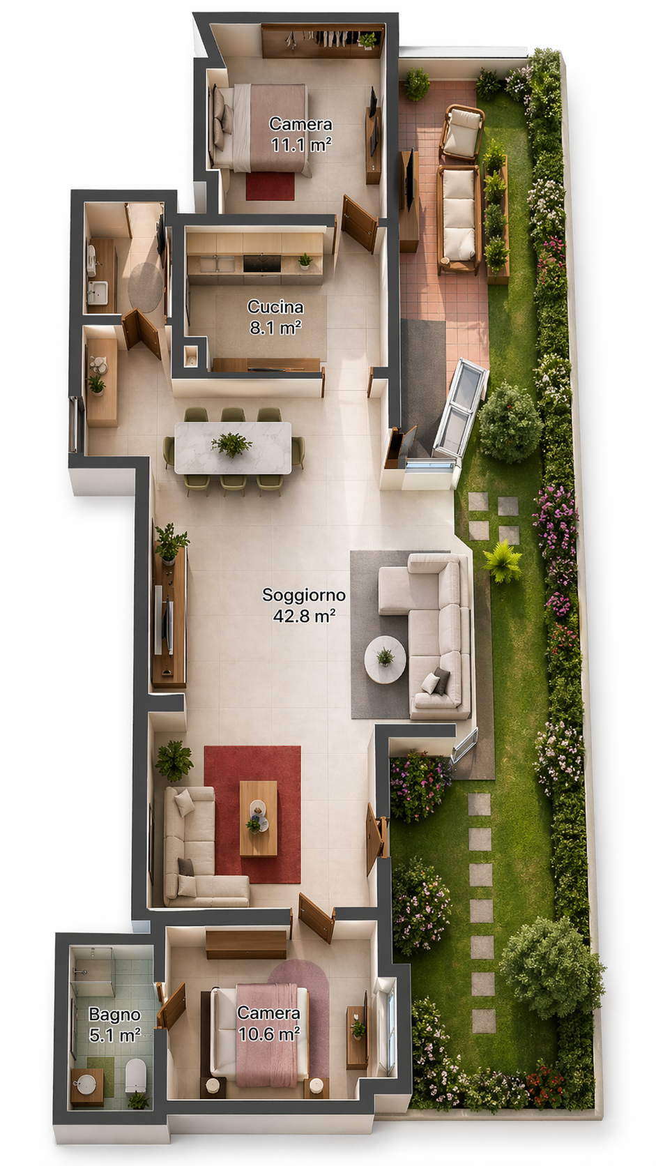 Living room, kitchen, 2 bedrooms, 2 bathrooms, balcony