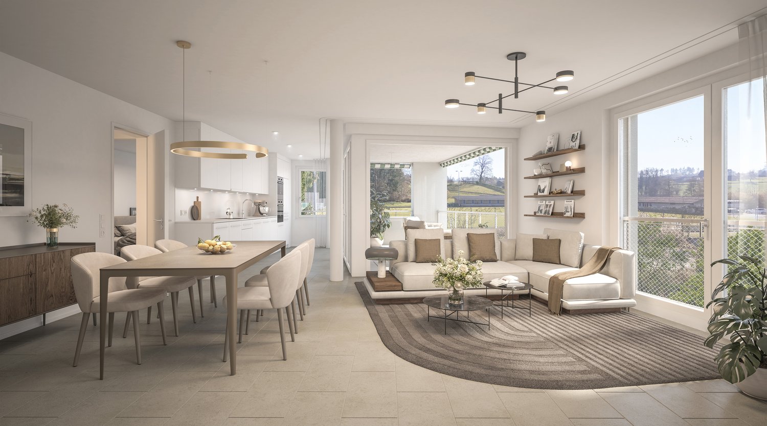 Open-concept living and dining area with large windows overlooking a scenic outdoor view, modern kitchen, dining table with chairs, comfortable sofa and armchairs, shelving unit, and pendant lighting fixtures