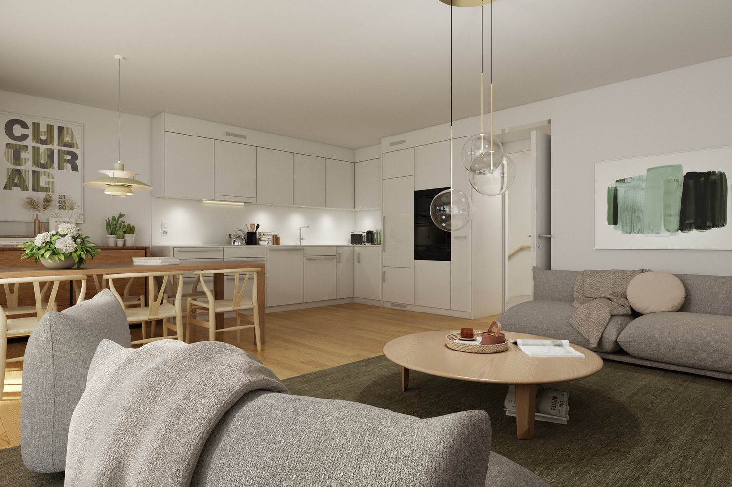 The image shows a modern, open-plan living room and kitchen area. The kitchen features white cabinets and a dishwasher, while the living room has a gray sofa and a round wooden coffee table. The dining area has a wooden table and chairs. The space is well