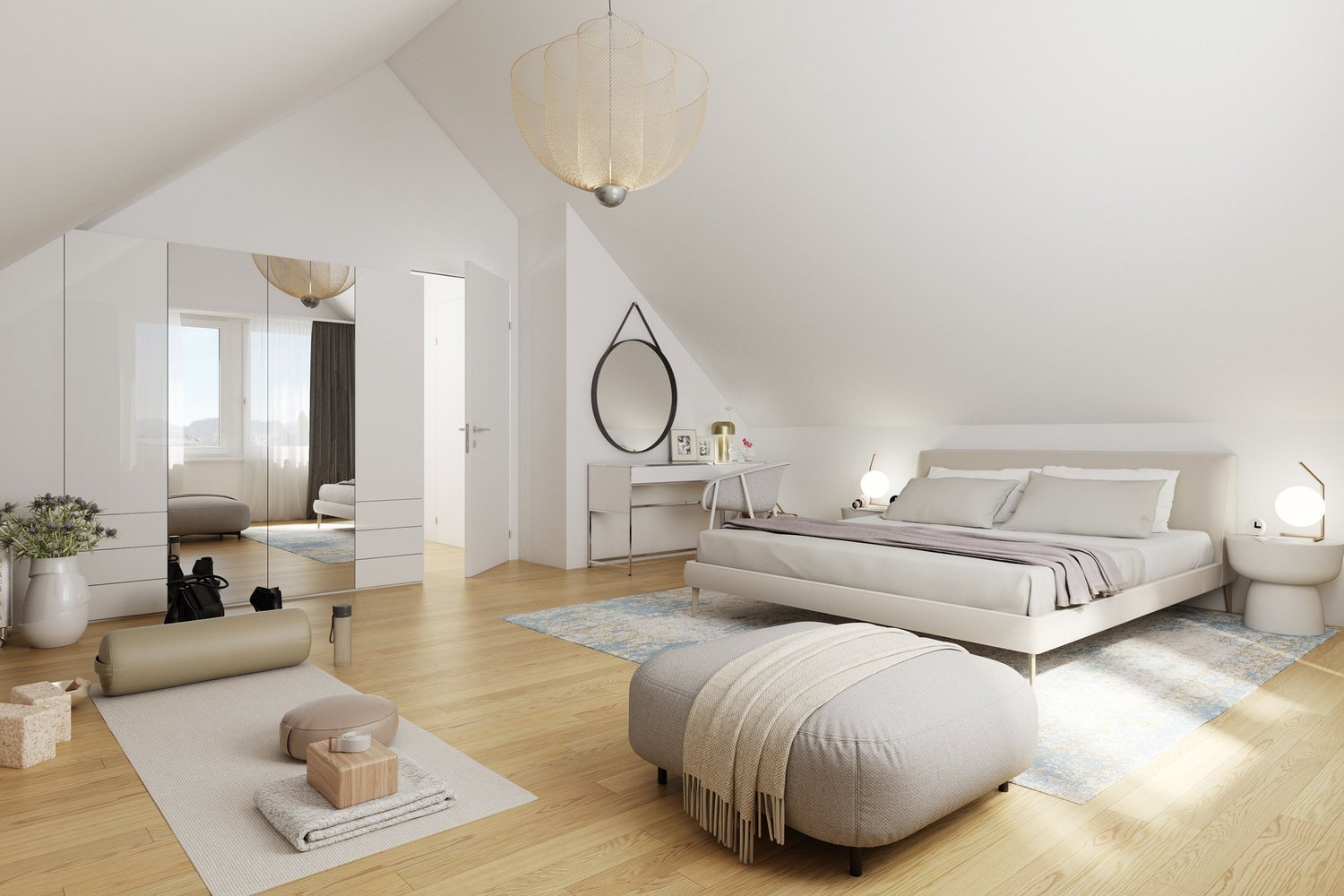 white walls, hardwood floors, large white bed, beige throw blanket, round ottoman, white nightstands with lamps, a mirror on the wall, a desk with a white chair, a large full-length mirror, a window with white curtains, a small potted plant on the desk, a